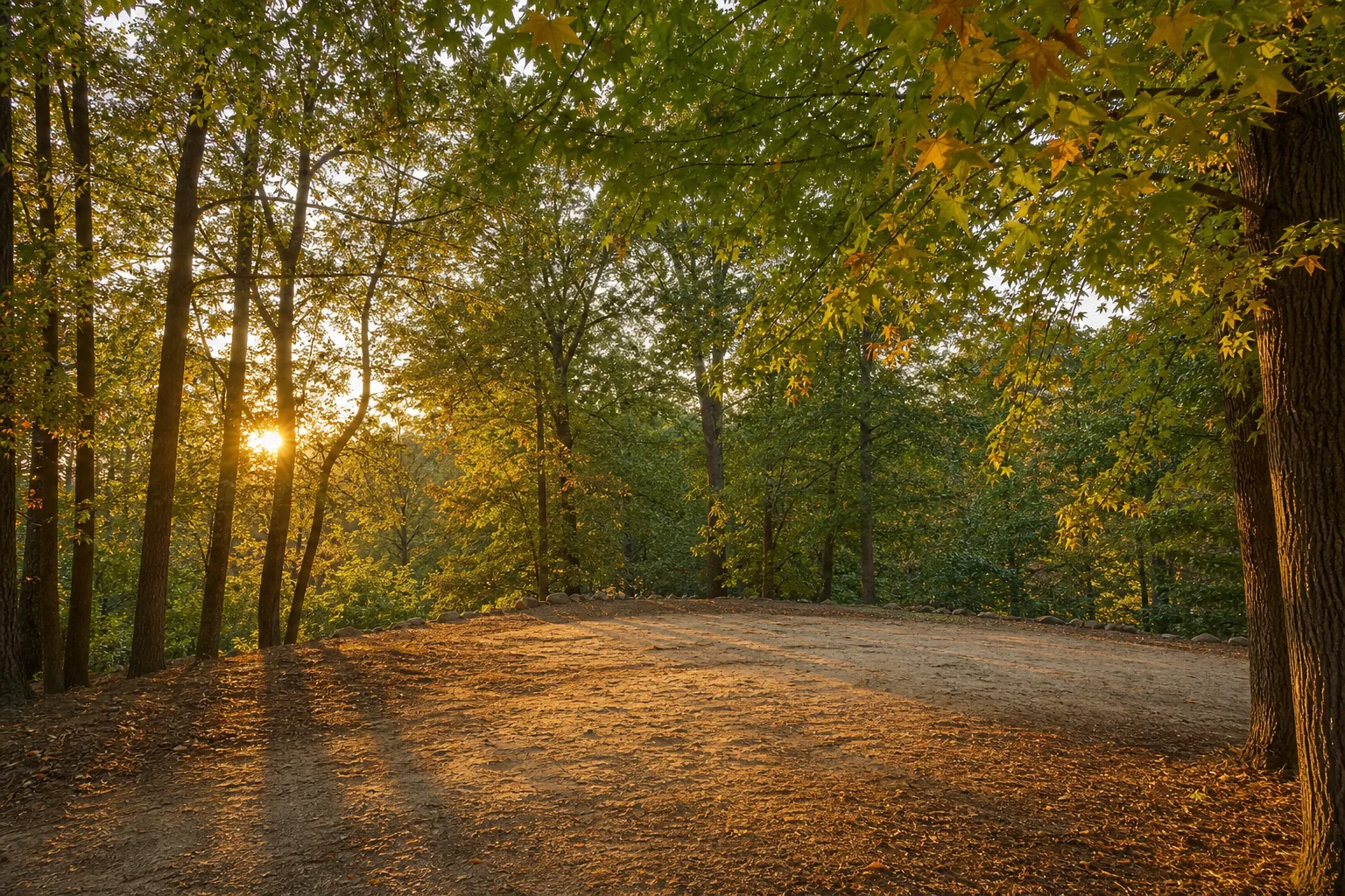 Georgia woodland clearing under sweetgum trees at golden hour — Sweetgum Station