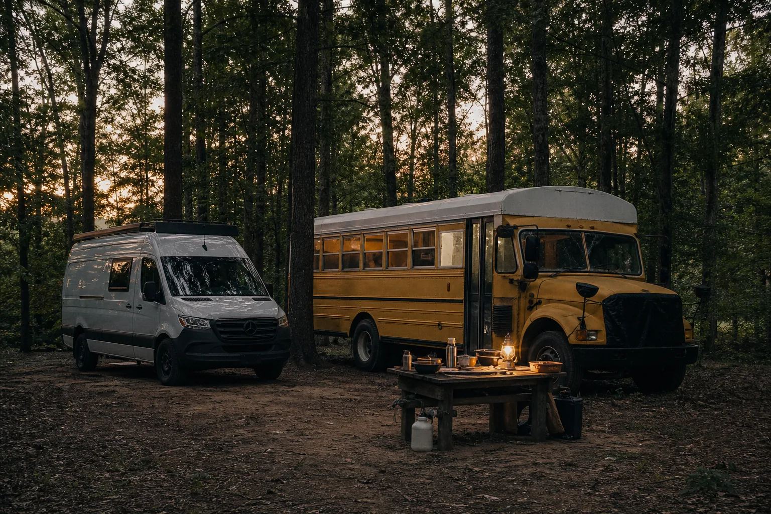 Van and converted bus parked under southern hardwoods at dusk